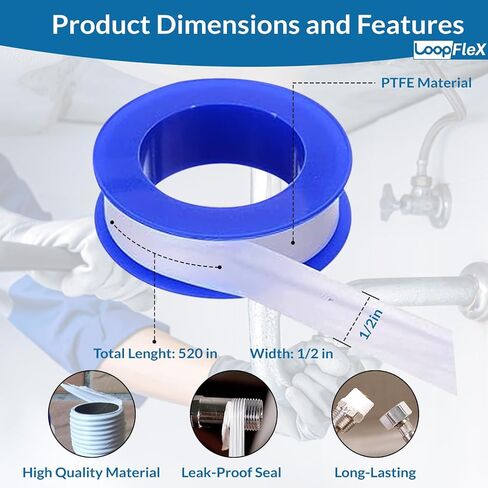 شريط PTFE لرأس الدش، شريط سباكين مقاوم للماء، بكرة شريط ختم أنابيب المياه، شريط سباكة للتسربات، شريط مانع تسرب صنبور خرطوم المياه، 1/2 × 520 بوصة، بكرتان in Saudi Arabia