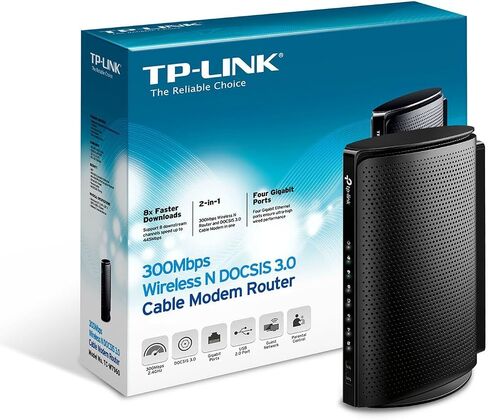 راوتر مودم كابل واي فاي لاسلكي TP-Link TC-W7960 DOCSIS3.0 بسرعة 300 ميجا بت في الثانية لـ Comcast XFINITY، كابل Time Warner، Cox Communications، Charter، Spectrum in Saudi Arabia