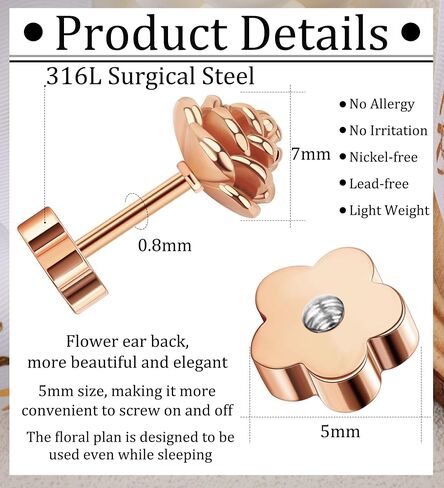 14k Gold Plated Handmade Flower Flat Back Earrings Screw Back Cartilage Earrings Studs Hypoallergenic Nap Earrings Women Helix Piercing Black in Saudi Arabia