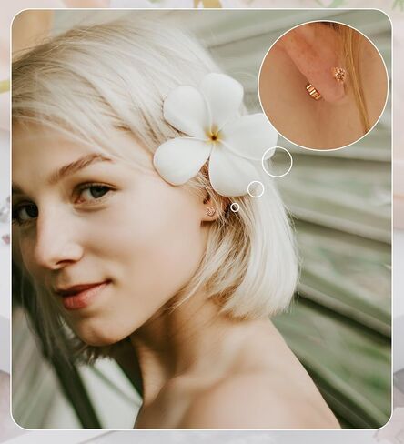14k Gold Plated Handmade Flower Flat Back Earrings Screw Back Cartilage Earrings Studs Hypoallergenic Nap Earrings Women Helix Piercing Black in Saudi Arabia