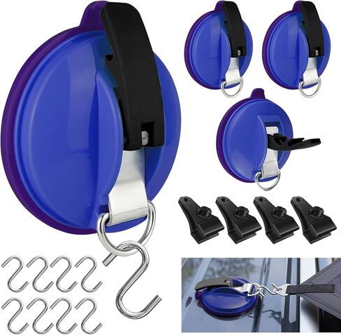 UPGRADE-4 قطع أكواب شفط شديدة التحمل للتخييم، كوب شفط مفرغ مع 8 قطع خطافات و4 قطع مشابك قماش القنب، مرساة جدارية لأكواب الشفط الخارجية لإكسسوارات قماش القنب للتخييم، مظلة جانبية للسيارة in Kuwait