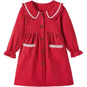 HILEELANG Baby Girl Peter Pan Collar Dress Long Sleeve Cotton Casual Stripes School Playwear 18M-6Y in Saudi Arabia
