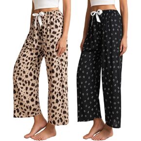 Women's Pajama Bottoms,Comfy Stretch Floral Print Drawstring Palazzo Wide Leg Lounge Pants,2 Pack Women Pajama Pants in Saudi Arabia