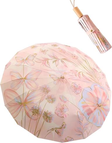 Meichoon UPF50+ Large Umbrella UV Protection Upgrade Thickened Double-bone Fiberglass Stylish & Durable 16-Bone Windproof Compact Travel Sun & Rain Parasol Flower Vintage Design for Women in Saudi Arabia