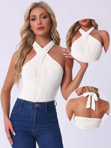 Allegra K Sexy Bodysuit Tops for Women's Sleeveless Criss Cross Halter Neck Thong Bodysuits Clubwear in Saudi Arabia