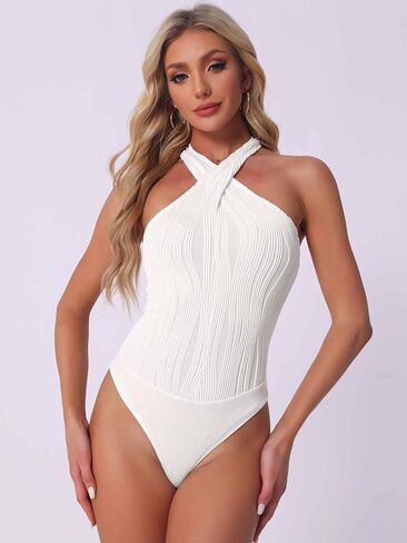 Allegra K Sexy Bodysuit Tops for Women's Sleeveless Criss Cross Halter Neck Thong Bodysuits Clubwear in Saudi Arabia