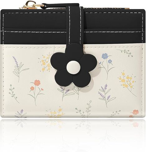 Small Wallets for Women, Cute Bifold Floral Flowers Ladies Wallet, Compact Credit Card Holder Cash Zipper Pocket with ID Window for Female (Black) in Saudi Arabia