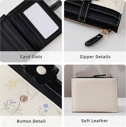 Small Wallets for Women, Cute Bifold Floral Flowers Ladies Wallet, Compact Credit Card Holder Cash Zipper Pocket with ID Window for Female (Black) in Saudi Arabia