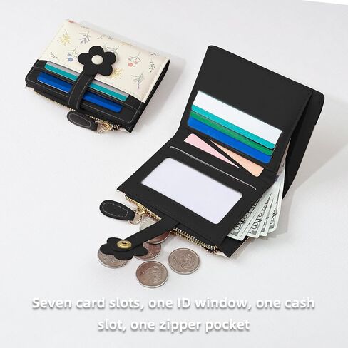 Small Wallets for Women, Cute Bifold Floral Flowers Ladies Wallet, Compact Credit Card Holder Cash Zipper Pocket with ID Window for Female (Black) in Saudi Arabia