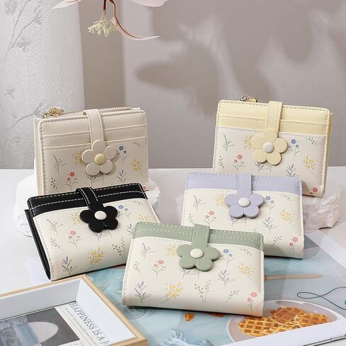 Small Wallets for Women, Cute Bifold Floral Flowers Ladies Wallet, Compact Credit Card Holder Cash Zipper Pocket with ID Window for Female (Black) in Saudi Arabia