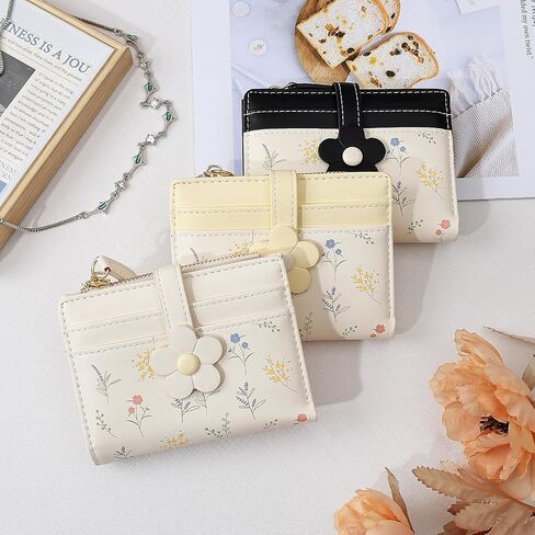 Small Wallets for Women, Cute Bifold Floral Flowers Ladies Wallet, Compact Credit Card Holder Cash Zipper Pocket with ID Window for Female (Black) in Saudi Arabia
