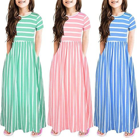 Kids Girls Short Sleeve Stripe Dress Summer Casual Loose Dresses Cute Holiday Long Maxi Dress with Pockets in Saudi Arabia