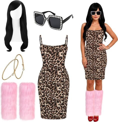 Ramede 5 Pcs Halloween Reality TV Personality Costume Accessories Leopard Dress Earrings Wig Leg Warmer Sunglasses Women in Saudi Arabia