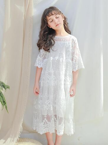 New 2-11Years Girls White Lace Dress Flutter Sleeve Cotton Lined Flower Girl Party Special Occasion in Saudi Arabia