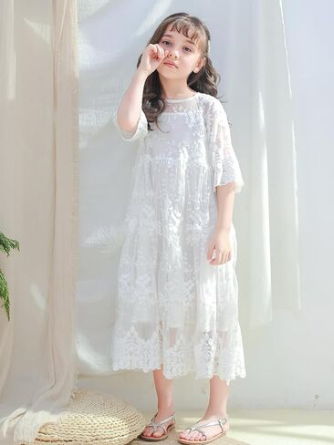 New 2-11Years Girls White Lace Dress Flutter Sleeve Cotton Lined Flower Girl Party Special Occasion in Saudi Arabia