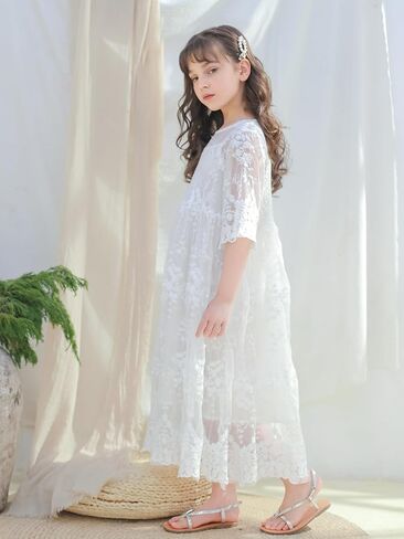 New 2-11Years Girls White Lace Dress Flutter Sleeve Cotton Lined Flower Girl Party Special Occasion in Saudi Arabia