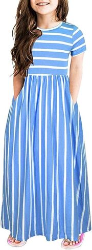 Kids Girls Short Sleeve Stripe Dress Summer Casual Loose Dresses Cute Holiday Long Maxi Dress with Pockets in Saudi Arabia