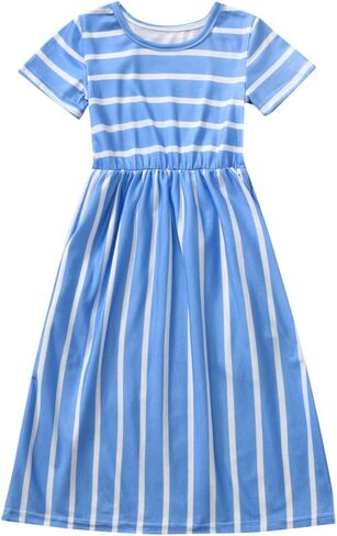 Kids Girls Short Sleeve Stripe Dress Summer Casual Loose Dresses Cute Holiday Long Maxi Dress with Pockets in Saudi Arabia