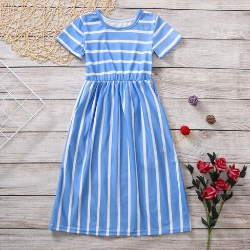 Kids Girls Short Sleeve Stripe Dress Summer Casual Loose Dresses Cute Holiday Long Maxi Dress with Pockets in Saudi Arabia