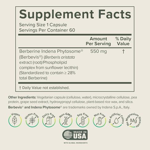 Berberine Phytosome Supplement - Healthy Gut Support - 550 mg, 60 Count in Kuwait
