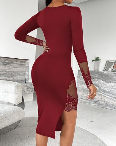 Women's Long Sleeve Bodycon Dress Square Neck Lace Patch Cocktail Party Dress Elegant Side Slit Midi Dress in Kuwait