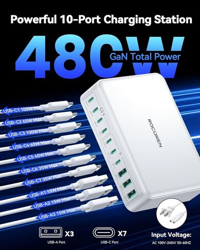 شاحن Rocoren 100W USB C، ثنائي 4 منافذ PD3.0 QC5.0 PPS شاحن سريع لأجهزة MacBook Pro وiPad وiPhone وSamsung والكمبيوتر المحمول in Kuwait