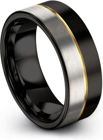 Tungsten Wedding Band Ring 8mm 6mm 4mm for Men Women 18k Yellow Gold Plated Flat Cut Black Grey Brushed Polished in Kuwait