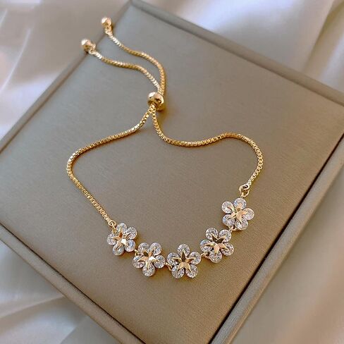 Adjustable Pearl Bracelet for Women, Gold Floral Chain with Sparkling Zirconia Stones, Elegant Gift Ready Jewelry Box in Saudi Arabia