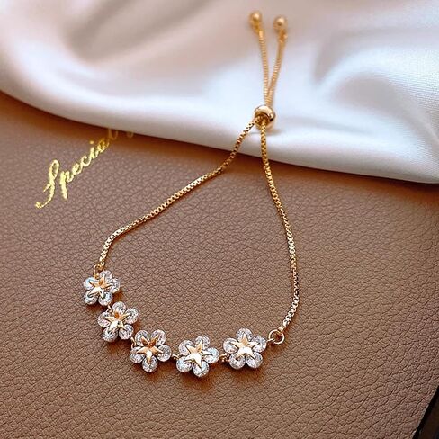 Adjustable Pearl Bracelet for Women, Gold Floral Chain with Sparkling Zirconia Stones, Elegant Gift Ready Jewelry Box in Saudi Arabia