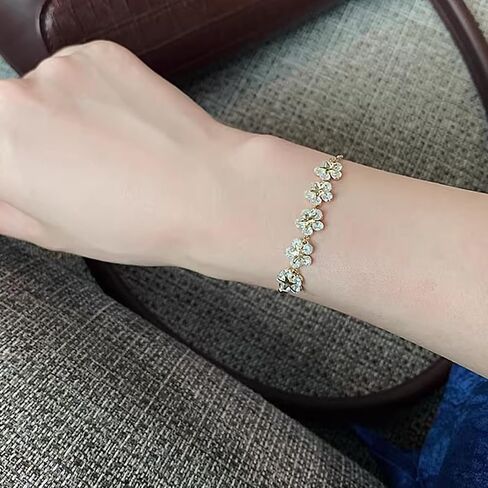 Adjustable Pearl Bracelet for Women, Gold Floral Chain with Sparkling Zirconia Stones, Elegant Gift Ready Jewelry Box in Saudi Arabia