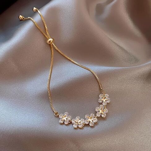 Adjustable Pearl Bracelet for Women, Gold Floral Chain with Sparkling Zirconia Stones, Elegant Gift Ready Jewelry Box in Saudi Arabia