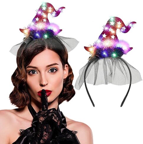 Light up Witch Hat Headbands Led Halloween Headband Witch Hats Hair Hoop Lace furry Party Cosplay for Women in Saudi Arabia