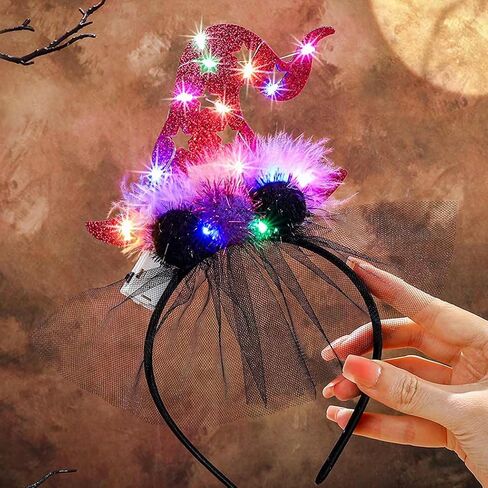 Light up Witch Hat Headbands Led Halloween Headband Witch Hats Hair Hoop Lace furry Party Cosplay for Women in Saudi Arabia