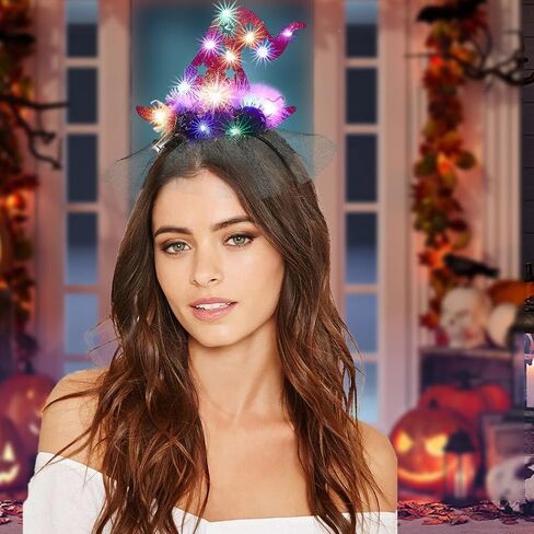 Light up Witch Hat Headbands Led Halloween Headband Witch Hats Hair Hoop Lace furry Party Cosplay for Women in Saudi Arabia