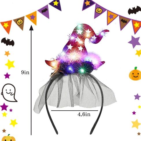 Light up Witch Hat Headbands Led Halloween Headband Witch Hats Hair Hoop Lace furry Party Cosplay for Women in Saudi Arabia