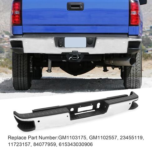 Rear Step Bumper Assembly With Parking Aid Sensors Hole Replacement For Chevy Chevrolet Silverado GMC Sierra 1500 2014-2018 Truck Polished Chrome Carbon Steel Back Step Bumper GM1103175, GM1102557 in Saudi Arabia