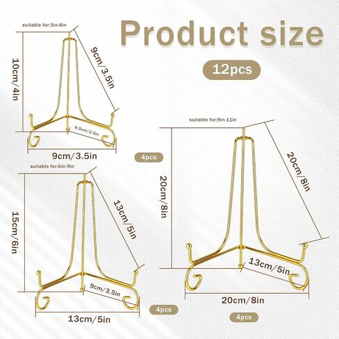 12 Pack 3 Size Improved Anti-Slip Plate Stands for Display, Gold Iron Display Stand, Easel Plate Display Photo Holder Stand, Iron Wire Easel Frame Stand for Displaying Pictures, Plates and Arts (4, 6, 8 Inch) in Saudi Arabia