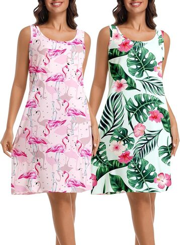 2 حزمة قمصان النوم للنساء بلا أكمام ثوب الليل تانك قميص النوم الرقبة المستديرة ملابس خاصة طباعة بيجامة فستان S-5XL in Kuwait