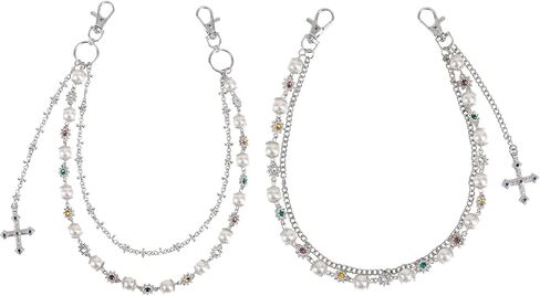 2pcs Fashion Layered Pants Wallet Chains, Imitation Pearl Rhinestone Flower Cross Pendant Chains for Clothing in Saudi Arabia