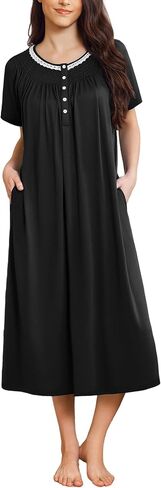 Ekouaer Long Nightgowns for Women Short Sleeve Sleepshirt Button Sleep Dress with Pockets in Saudi Arabia