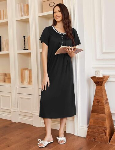 Ekouaer Long Nightgowns for Women Short Sleeve Sleepshirt Button Sleep Dress with Pockets in Saudi Arabia