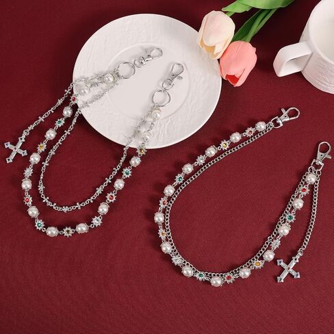 2pcs Fashion Layered Pants Wallet Chains, Imitation Pearl Rhinestone Flower Cross Pendant Chains for Clothing in Saudi Arabia