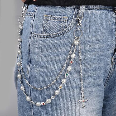 2pcs Fashion Layered Pants Wallet Chains, Imitation Pearl Rhinestone Flower Cross Pendant Chains for Clothing in Saudi Arabia