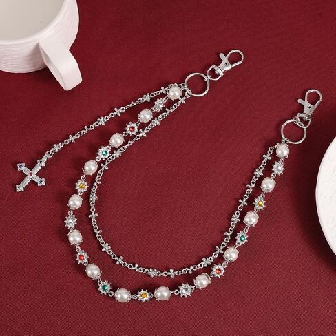 2pcs Fashion Layered Pants Wallet Chains, Imitation Pearl Rhinestone Flower Cross Pendant Chains for Clothing in Saudi Arabia