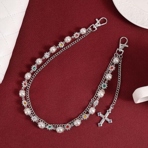 2pcs Fashion Layered Pants Wallet Chains, Imitation Pearl Rhinestone Flower Cross Pendant Chains for Clothing in Saudi Arabia