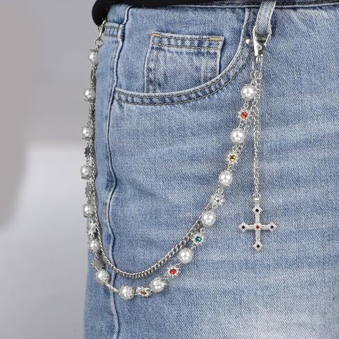 2pcs Fashion Layered Pants Wallet Chains, Imitation Pearl Rhinestone Flower Cross Pendant Chains for Clothing in Saudi Arabia