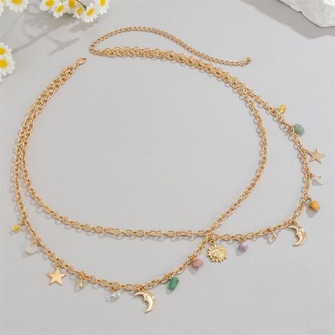 Vintage Waist Belt Chains With Crescent Star Dangle Charm Tassel Body Chains Minimalist Moon Star Sun Beach Dress Layered Belly Chains Jewelry Accessory for Women in Saudi Arabia