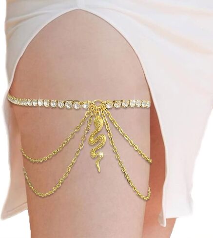 Asooll Gold Crystal Leg Chain Snake Rhinestones Thigh Chain Layered Leg Body Jewerly Fashion Beach Party Rave Body Accessories Jewelry for Women and Girls in Saudi Arabia