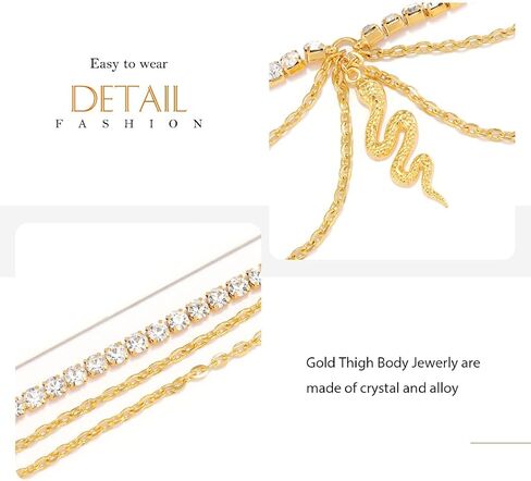 Asooll Gold Crystal Leg Chain Snake Rhinestones Thigh Chain Layered Leg Body Jewerly Fashion Beach Party Rave Body Accessories Jewelry for Women and Girls in Saudi Arabia
