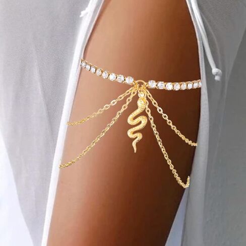 Asooll Gold Crystal Leg Chain Snake Rhinestones Thigh Chain Layered Leg Body Jewerly Fashion Beach Party Rave Body Accessories Jewelry for Women and Girls in Saudi Arabia